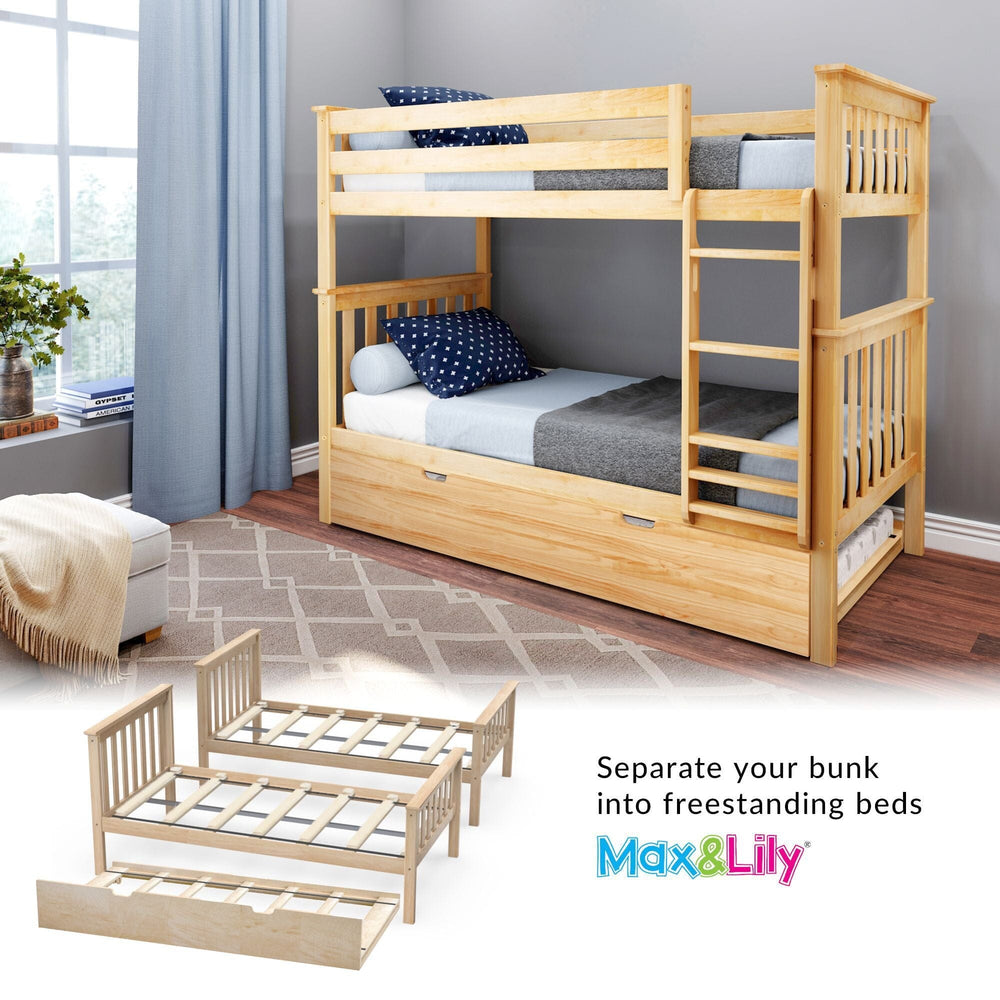 Wooden bunk bed with trundle in a modern bedroom, convertible to freestanding beds, Max & Lily design.