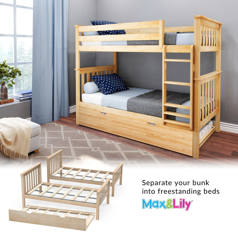Wooden bunk bed with trundle in a modern bedroom, convertible to freestanding beds, Max & Lily design.