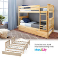 Solid natural wood twin-over-full bunk bed with ladder and under-bed storage drawer, blue bedding in modern kids' bedroom