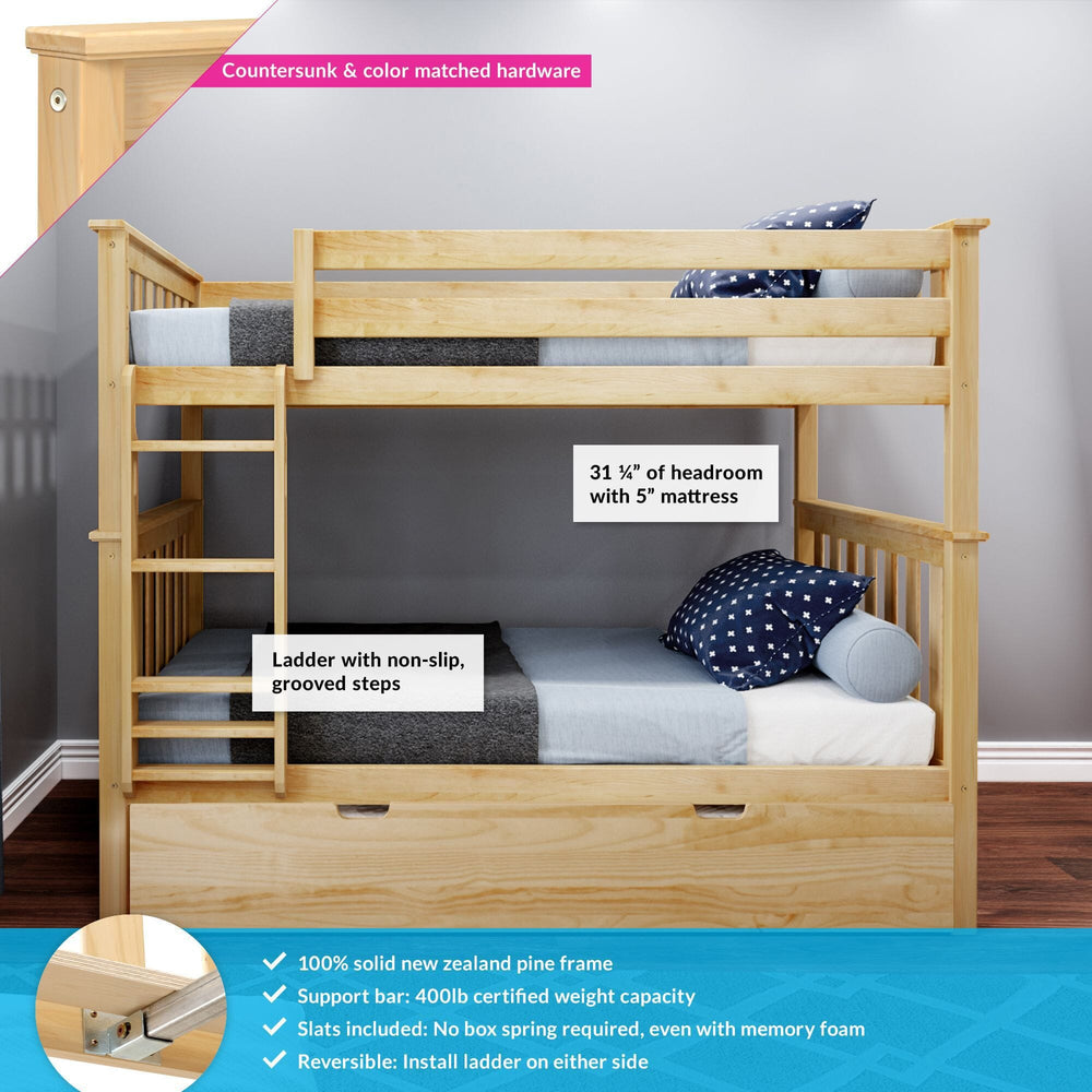 Natural wood bunk bed with non-slip ladder, 400lb weight capacity, and New Zealand pine frame.