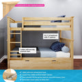 Natural New Zealand pine twin-over-twin bunk bed with ladder and guardrails, non-slip grooved steps, under-bed storage drawer, slats included, solid wood loft bed in natural finish