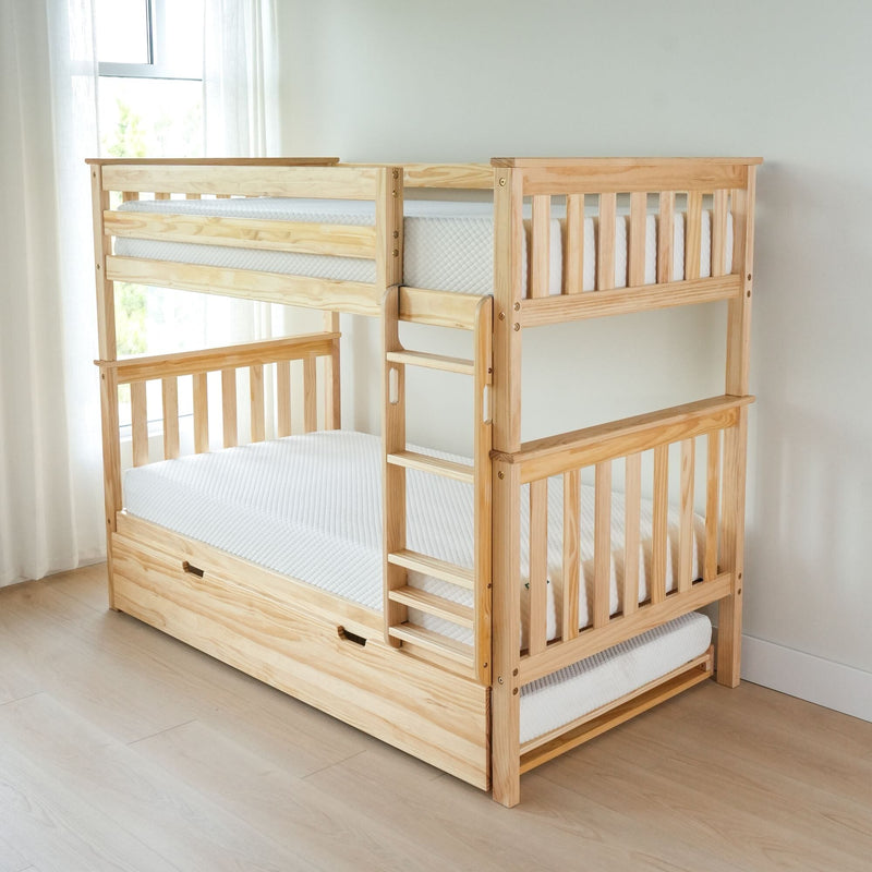 Wooden bunk bed with storage drawer, ideal for kids' rooms and maximizing space.