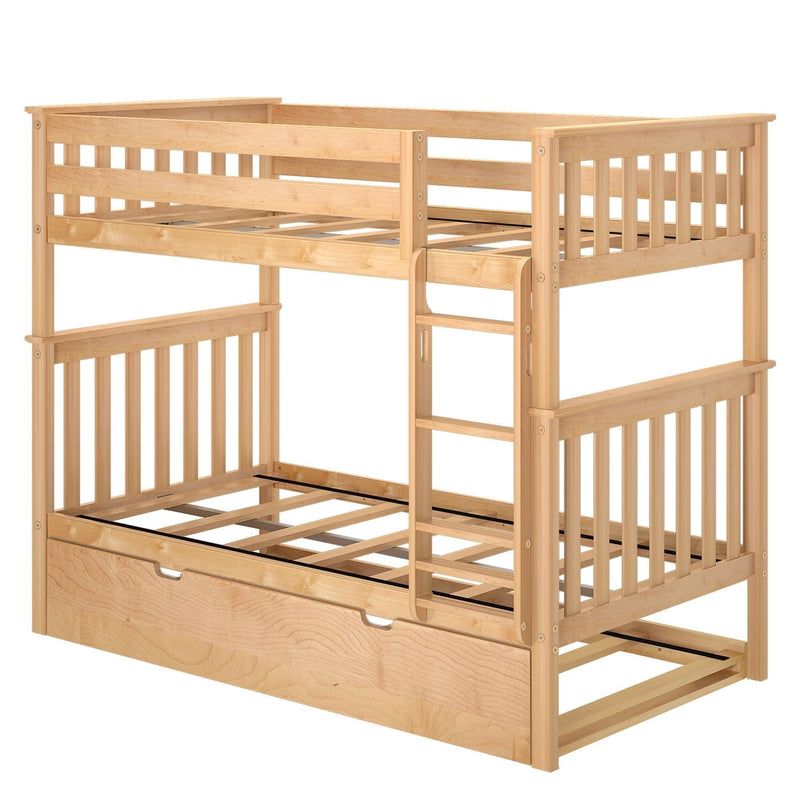 Natural wood twin bunk bed with pull-out trundle for extra sleeping space.