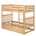 Natural maple twin-over-full loft bunk bed with ladder, slatted guardrails, slat support system and under-bed storage drawer