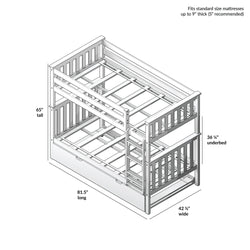 Bunk bed frame dimensions illustration showing standard size mattress fit, with measurements 65 inches tall, 81.5 inches long, 42.5 inches wide, and 36.25 inches underbed.