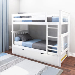 White wooden twin-over-twin bunk bed with ladder and pull-out trundle drawer, blue and gray bedding in a space-saving kids bedroom on hardwood floor