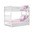 White wooden twin-over-twin bunk bed with ladder, safety rails, pull-out trundle drawer and pink bedding, modern kids bedroom furniture