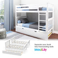 White wooden twin bunk bed with ladder, under-drawer trundle and storage, converts into two freestanding beds, Max & Lily