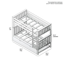 Wooden twin bunk bed frame with dimensions 65 inches tall, 81.5 inches long, and 42.5 inches wide, fits standard mattresses up to 9 inches thick.