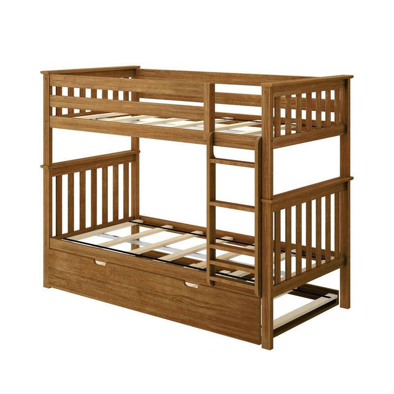 Solid oak-finish wooden twin-over-twin bunk bed with built-in under-bed storage trundle drawer, vertical ladder and slatted guardrails — space-saving kids' bedroom furniture
