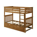 Solid oak twin-over-full bunk bed with ladder, slatted guardrails and under-bed trundle drawer in natural wood finish