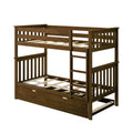 Solid wood twin-over-full bunk bed with ladder, slatted guardrails and built-in underbed storage drawer in rustic brown finish for kids' bedroom