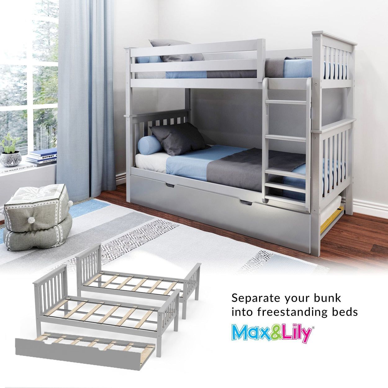 186201-121 : Bunk Beds Classic Twin over Twin Bunk Bed with Trundle, Grey
