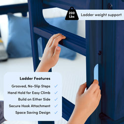 Close-up of children's bunk bed ladder with grooved no-slip steps, handholds and secure hook attachment, 200 lb weight support, space-saving design