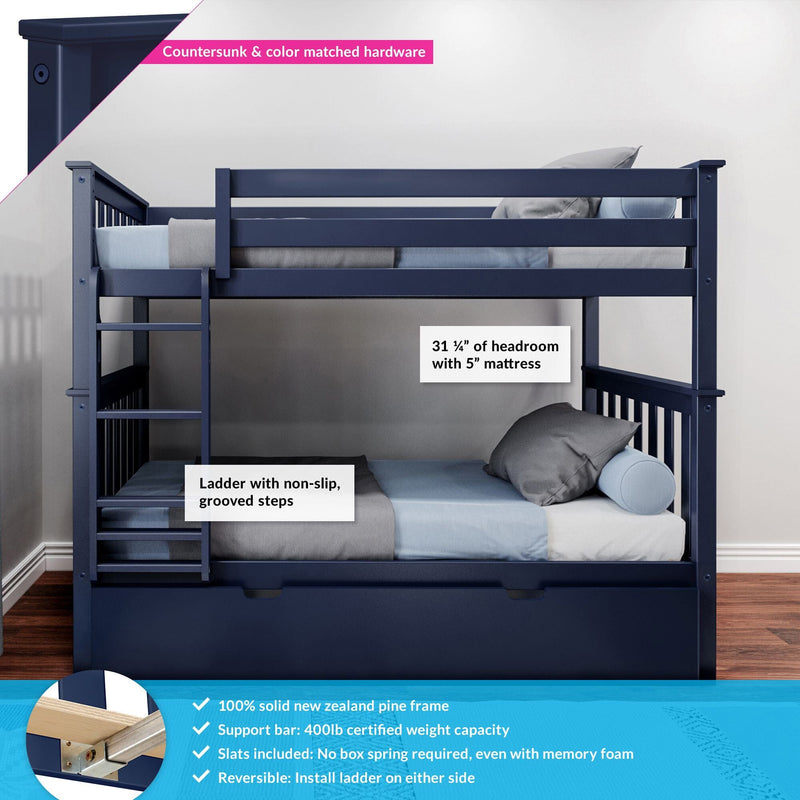 Navy blue solid New Zealand pine twin-over-twin bunk bed for kids with ladder, guardrails and under-bed storage drawer; non-slip grooved steps, 400 lb support capacity, slats included, reversible ladder.