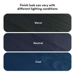 Wood finish color swatches labeled Warm, Neutral, Cool illustrating how different lighting conditions change wood stain appearance