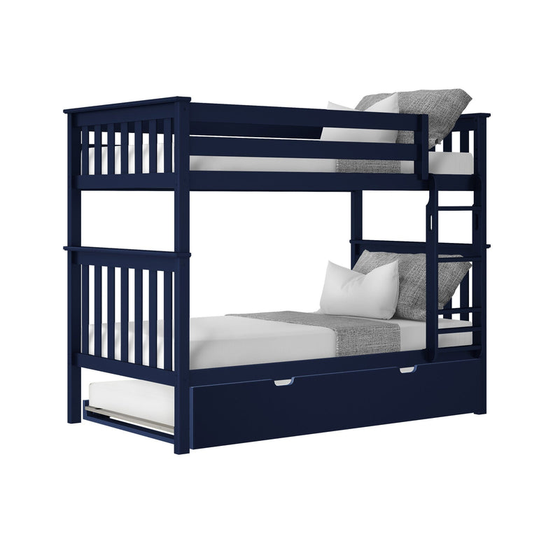 Modern navy blue wooden twin-over-full bunk bed with ladder and pull-out trundle, slatted rails and gray bedding for kids' bedroom