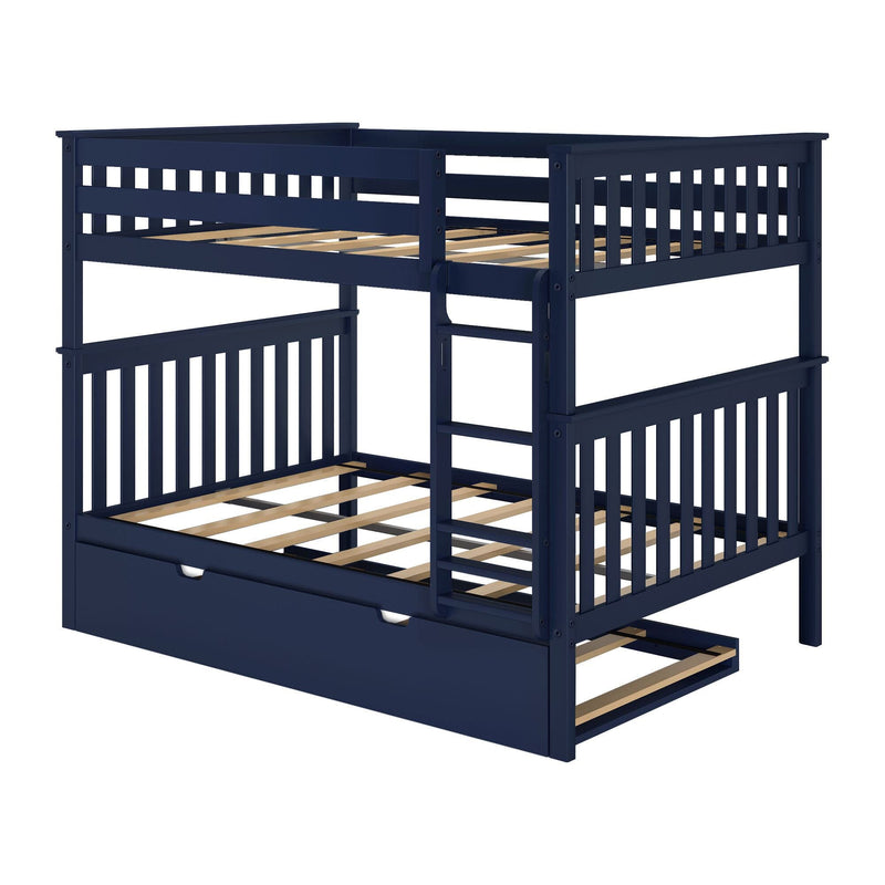 Navy blue wooden bunk bed with ladder, slatted guardrails and pull-out trundle drawer — space-saving kids' bedroom furniture