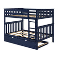 Space-saving navy blue wooden twin-over-full bunk bed with ladder, safety rails, slatted mattress supports and under-bed storage drawer