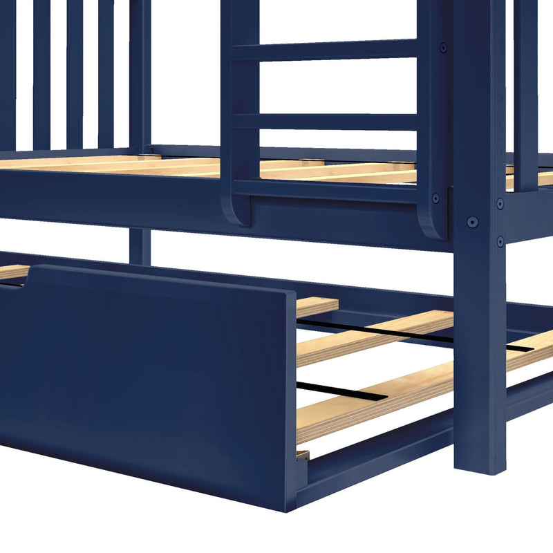 Navy blue wooden twin bunk bed with pull-out trundle and exposed plywood slats, modern kids bedroom furniture