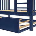 Close-up of navy blue bunk bed frame showing ladder, guardrail and wooden mattress slats