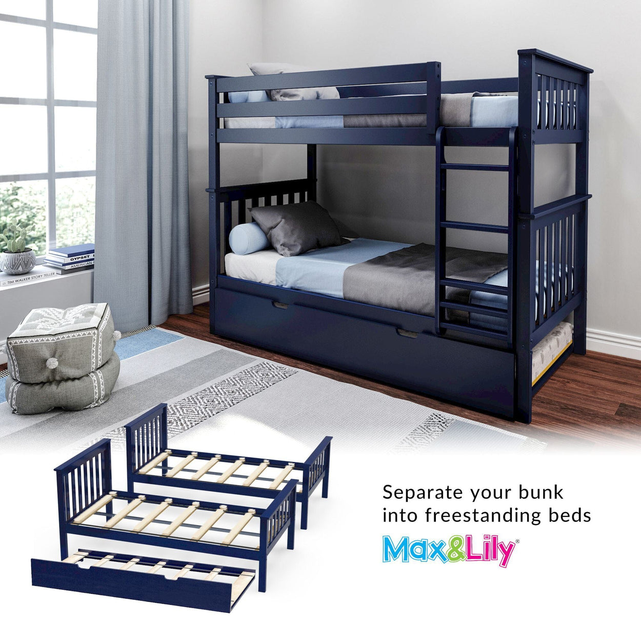 186201-131 : Bunk Beds Twin-Size Bunk Bed with Trundle, Blue