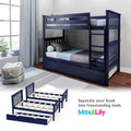 Navy blue wooden convertible bunk bed with ladder and under-trundle in modern kids' bedroom, Max & Lily twin-over-full design