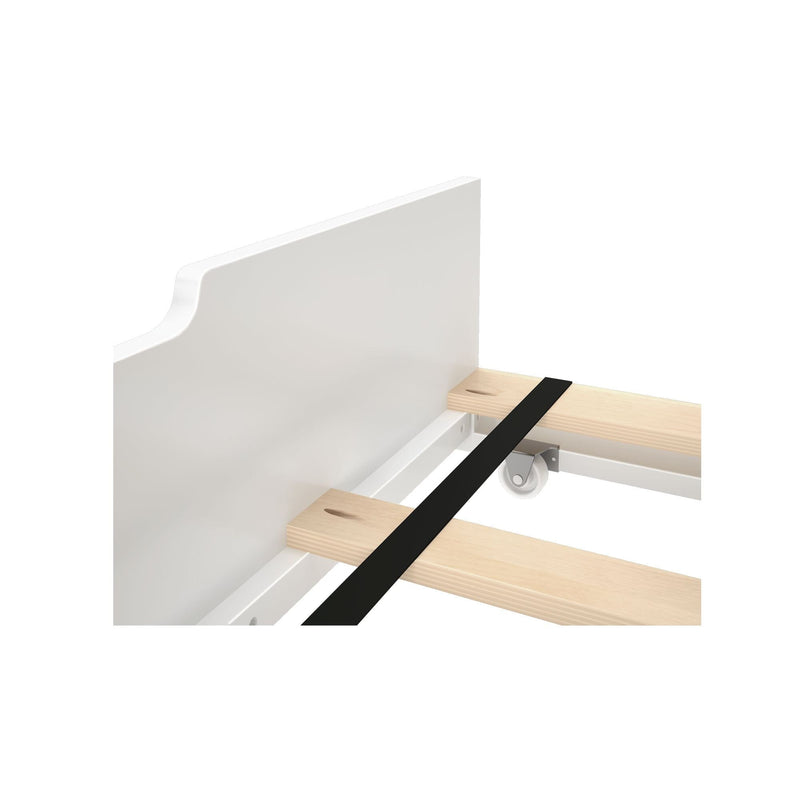 White bed frame and headboard with natural wood slats, black center support strap and caster wheel on metal underframe