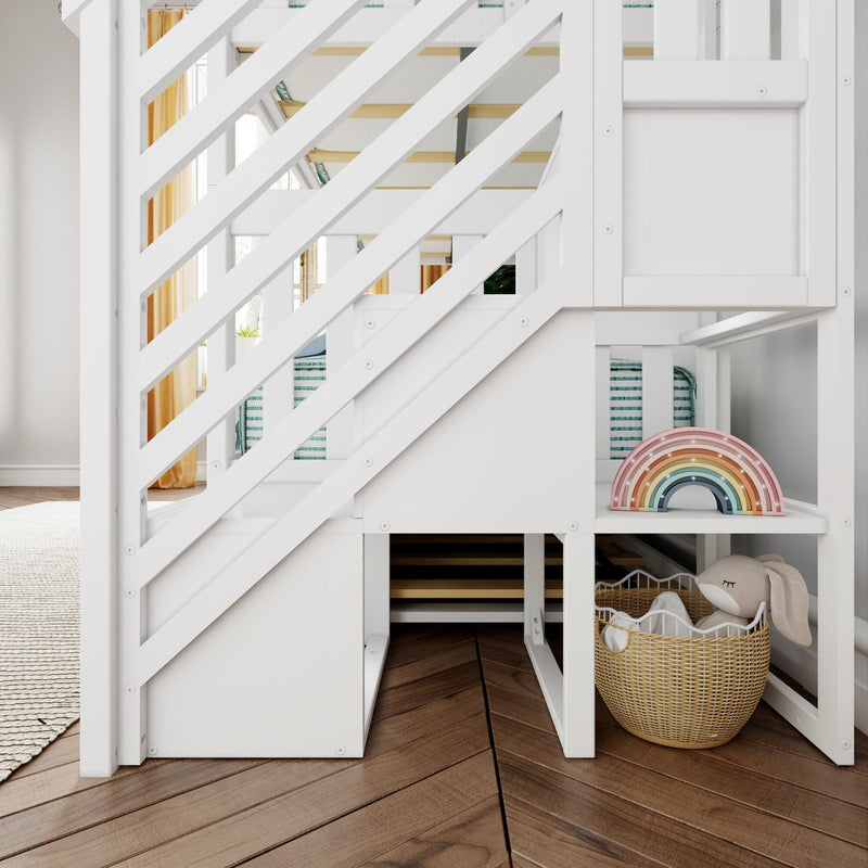 White loft bed with built-in shelving, featuring colorful rainbow decoration and cozy basket on wooden floor.