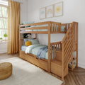 Solid wood bunk bed in bright kids' bedroom with striped teal bedding, smiling sun and rainbow wall art, yellow curtains and potted plant