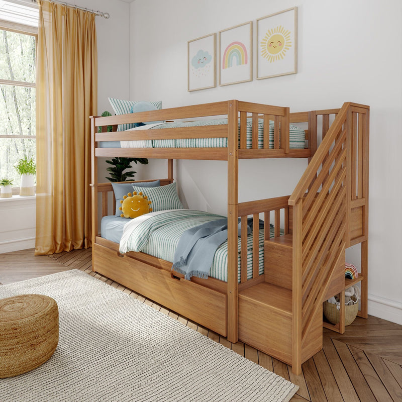Solid wood bunk bed in bright kids' bedroom with striped teal bedding, smiling sun and rainbow wall art, yellow curtains and potted plant