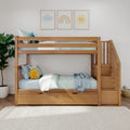 Wooden bunk bed for kids with teal striped bedding, plush sun pillow, built-in staircase storage and pastel rainbow-cloud nursery wall art