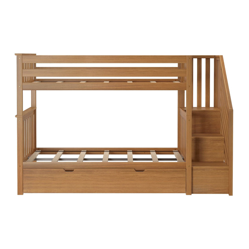 Wooden bunk bed with built-in stairs and storage drawers for kids' room.