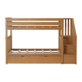 Solid wood bunk bed with built-in staircase, slatted safety rails and under-bed storage drawer, natural wood finish
