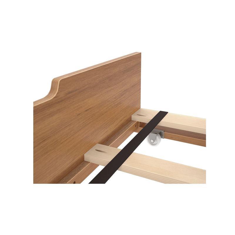 Wooden bed frame corner with slatted base and supportive strap.