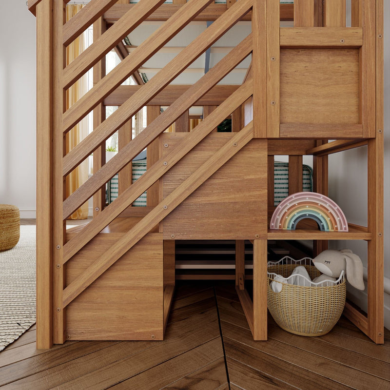 Wooden staircase with built-in storage shelves, featuring a colorful rainbow toy and a wicker basket with a plush bunny toy.