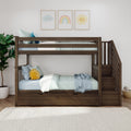 Kids wooden bunk bed with stairs in modern nursery, pastel rainbow cloud and sun wall art, striped teal bedding and sun plush toy