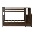 Dark walnut wooden twin-over-full bunk bed with right-side staircase, slatted rails, safety guardrail and under-bed storage drawers