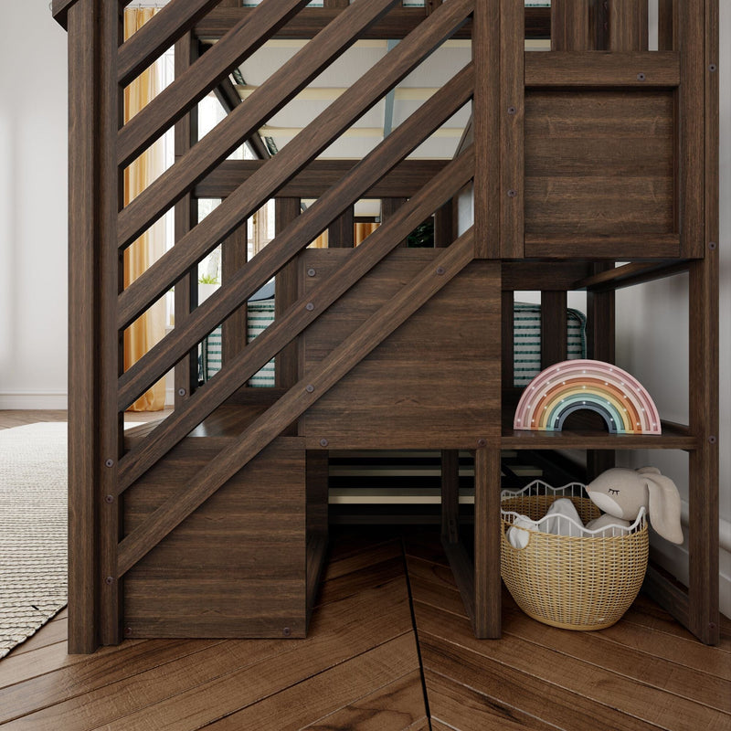Dark walnut kids bunk bed playhouse with diagonal slat railing, wicker toy basket, plush bunny and pastel rainbow toy
