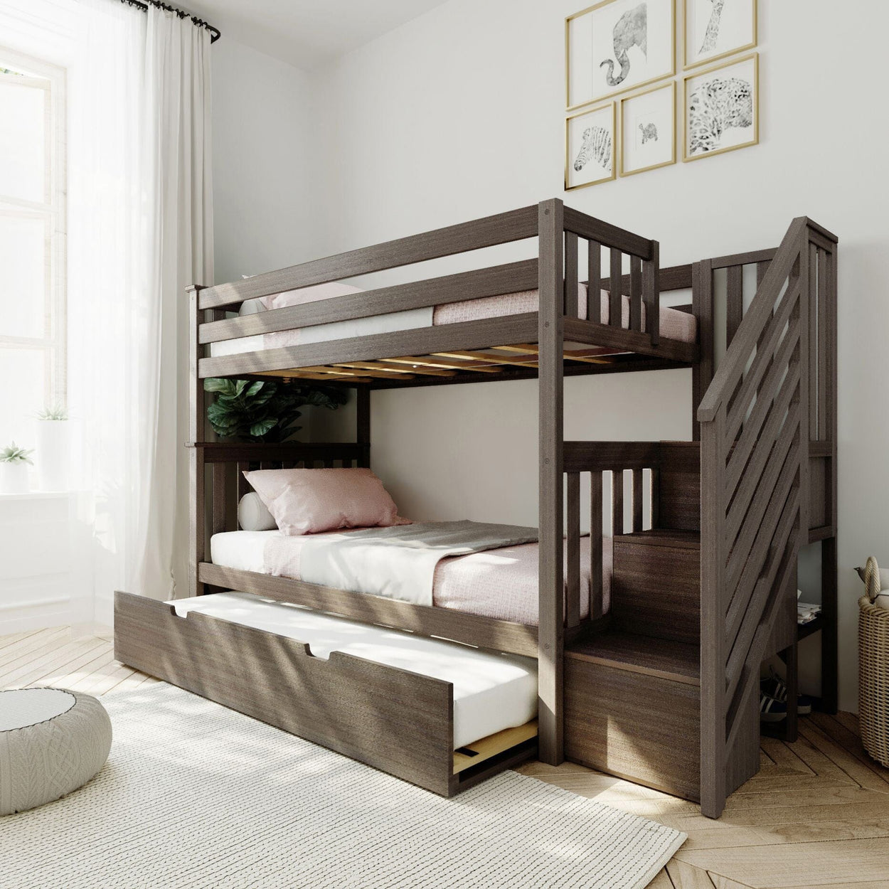 186205-151 : Bunk Beds Twin over Twin Staircase Bunk with Trundle, Clay