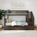 Wooden bunk bed for kids with stairs and under-bed drawers, striped teal bedding, plush sun pillow, and pastel cloud‑rainbow‑sun nursery wall art