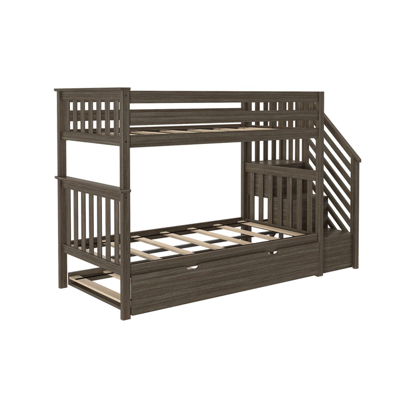 Twin-over-full wooden bunk bed with staircase, built-in storage drawers and slatted mattress frames in dark gray oak finish