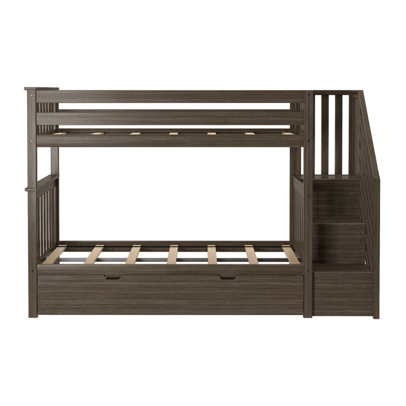Dark gray wooden twin-over-full bunk bed with built-in staircase, slatted mattress support and under-bed storage drawer in a modern farmhouse finish