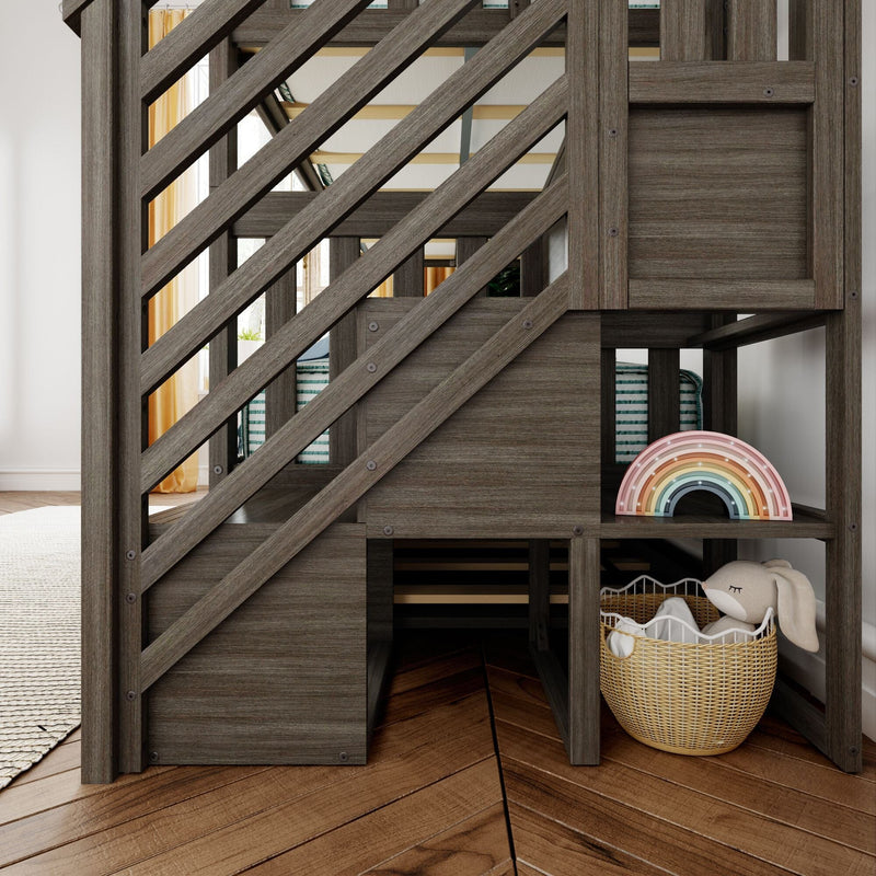 Rustic gray wooden kids loft bed with diagonal railing, built-in storage cubbies, rainbow night light and wicker toy basket