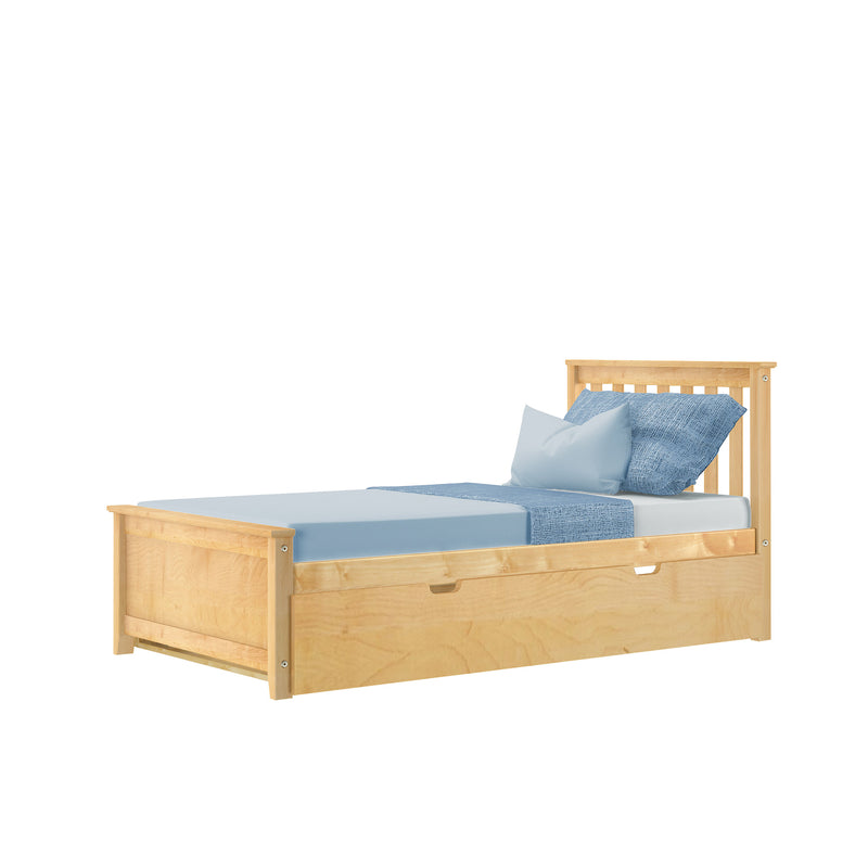 Single wooden bed with storage drawer, blue bedding and pillows.
