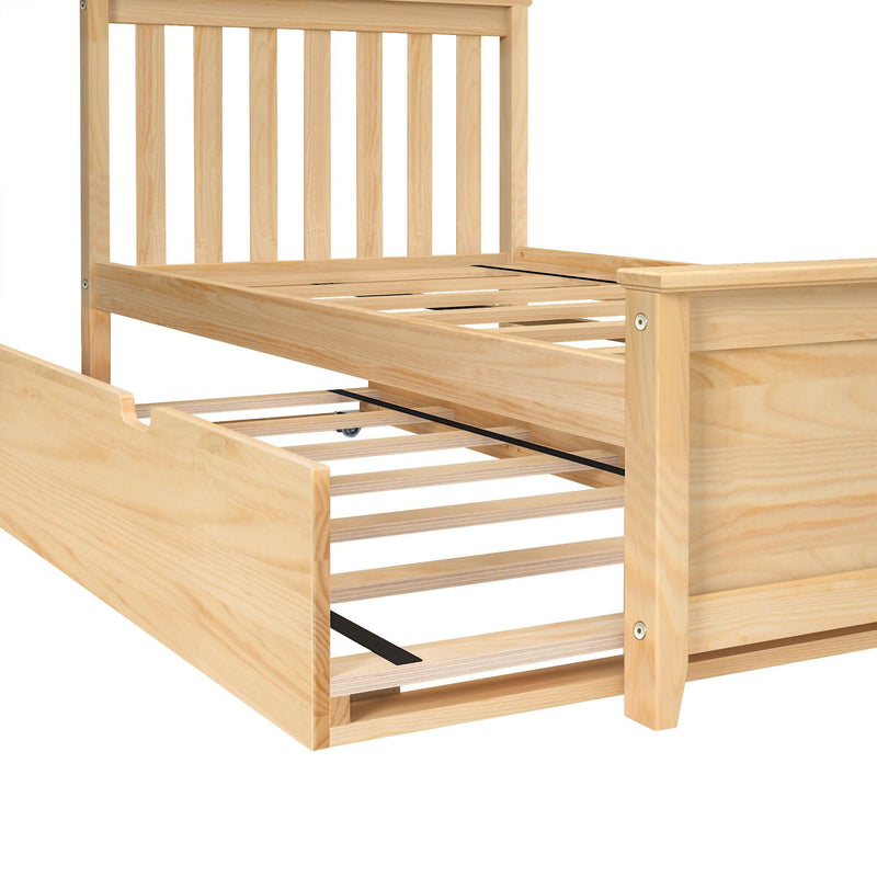 Pine wood platform bed frame with slatted headboard and pull-out trundle drawer in light natural finish — space-saving storage bed for kids or guest rooms
