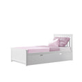 White wooden single bed with pink sheets and pillows and built-in under-bed storage drawer, modern kids' bedroom furniture