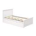 White wooden bed frame with slatted mattress support and integrated under-bed storage drawer, modern children's bedroom furniture