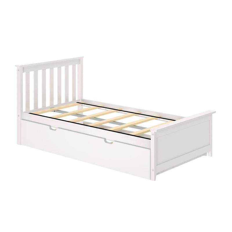 White wooden bed frame with slatted mattress support and integrated under-bed storage drawer, modern children's bedroom furniture