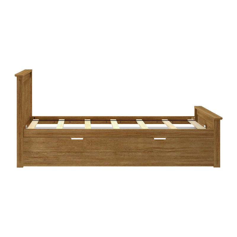 Wooden twin bed frame with built-in storage drawers in modern design.